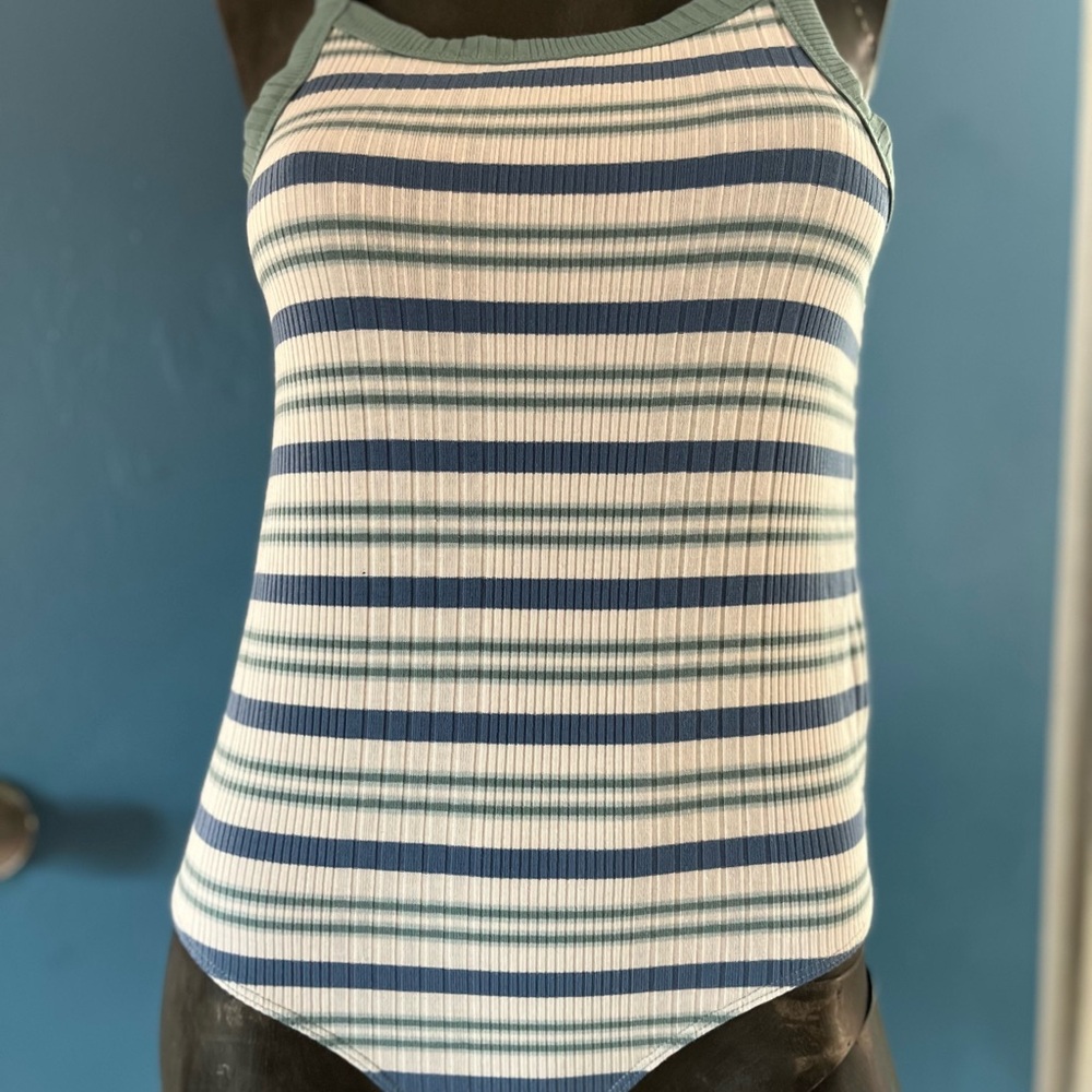 New Forever 21 Blue and White Ribbed Tank Top bodysuit 13/14